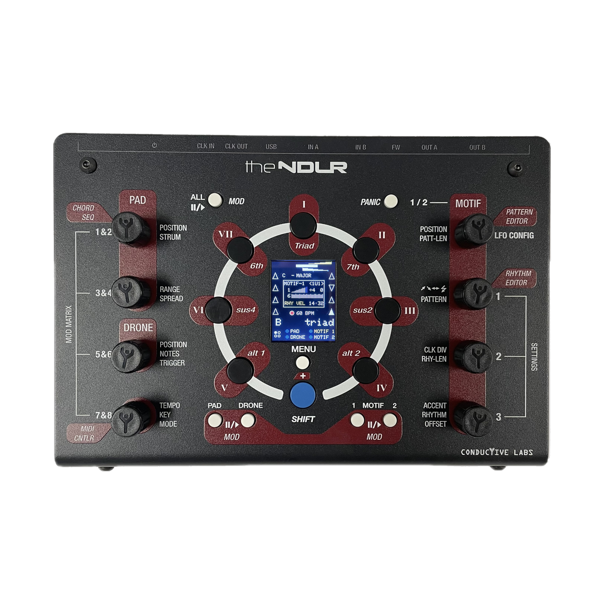 The NDLR Rev2 top panel with chord buttons, encoders and display