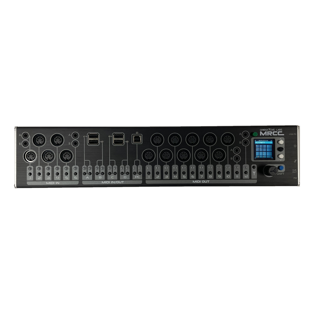 MRCC MIDI Router Control Center top panel with MIDI jacks, routing buttons and color display