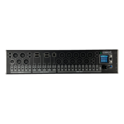 MRCC MIDI Router Control Center top panel with MIDI jacks, routing buttons and color display
