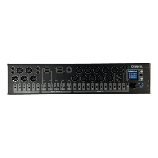 MRCC MIDI Router Control Center top panel with MIDI jacks, routing buttons and color display