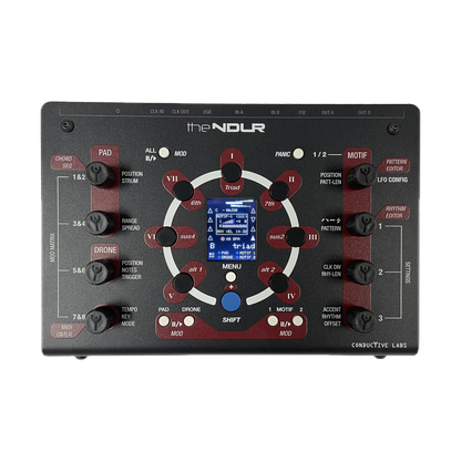 The NDLR Rev2 top panel with chord buttons, encoders and display