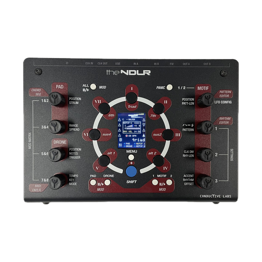 The NDLR Rev2 top panel with chord buttons, encoders and display
