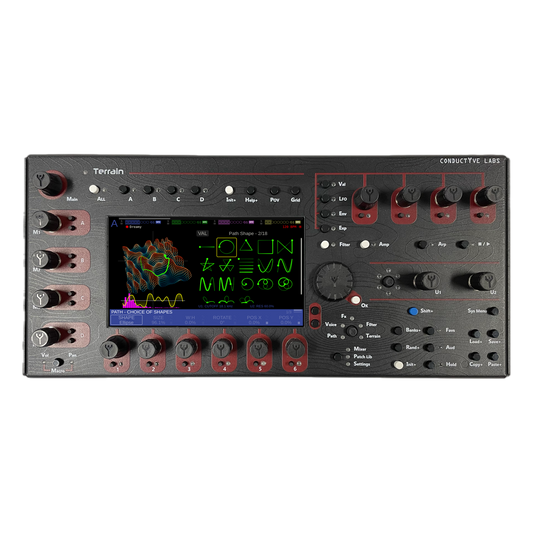 Terrain Synth top panel with 7-inch display and encoders