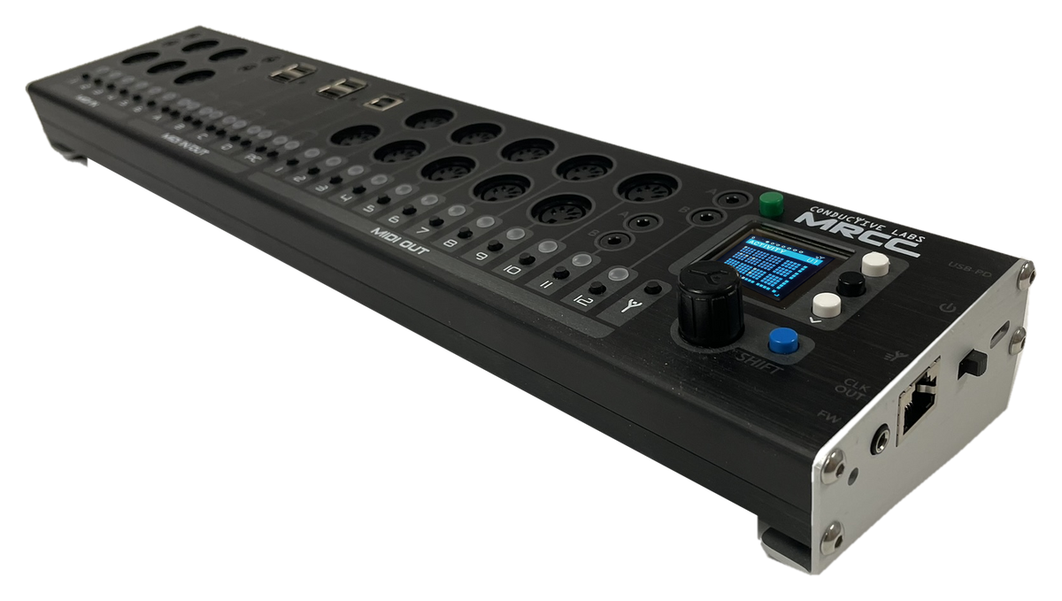 MRCC angled view showing the display, encoder and end panel jacks