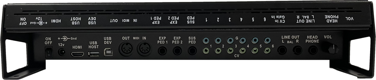 Terrain Synth rear panel: power, HDMI, USB, MIDI, pedal, CV/gate and audio jacks
